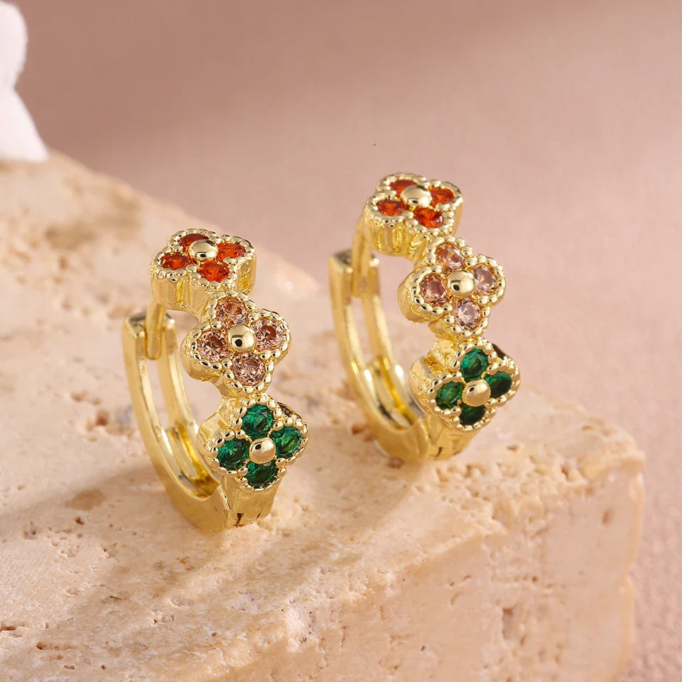 BOUCLES D'OREILLES TURQUOISE ZIRCONE CUBIQUE FLEUR CRÉOLE