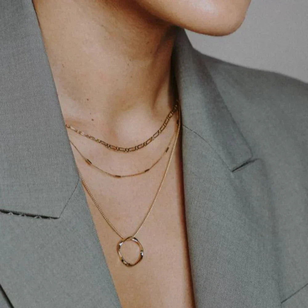 Open Circle Three Row Necklace - Gold