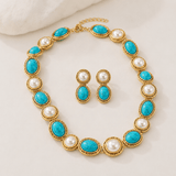 Turquoise & Pearl Antique Gold Statement Set