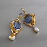 Vintage Deep Blue Crystal & Pearl Earrings