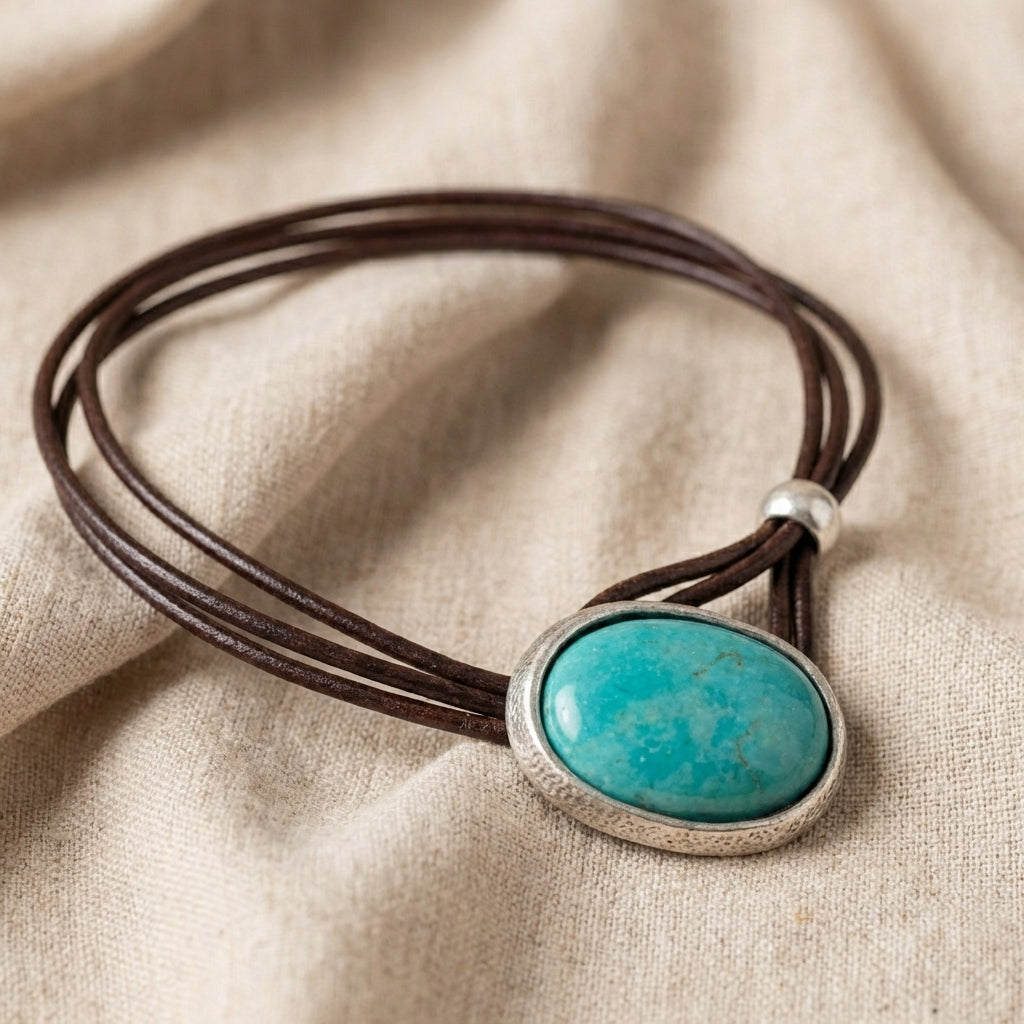 COLLIER VINTAGE CUIR CORDON TURQUOISE
