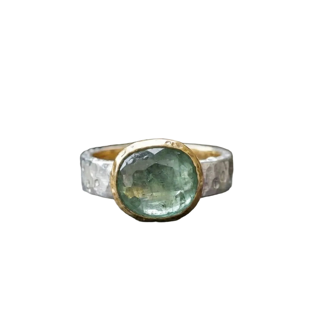 A Vintage Green Glass Gold & Silver Forged Ring
