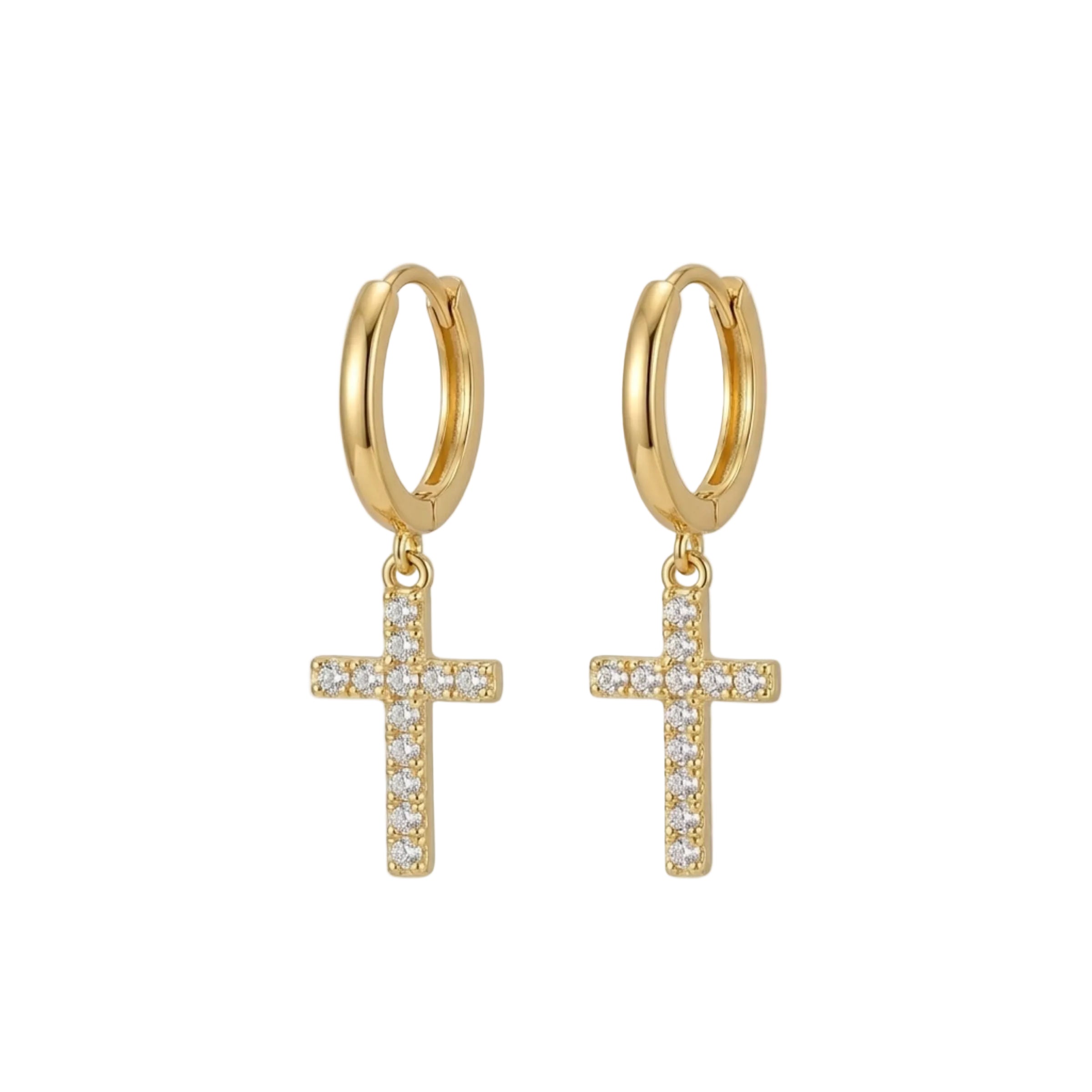 BOUCLES PENDANTES CRÉOLE CHARM CROIX PAVÉ ZIRCONE | OR