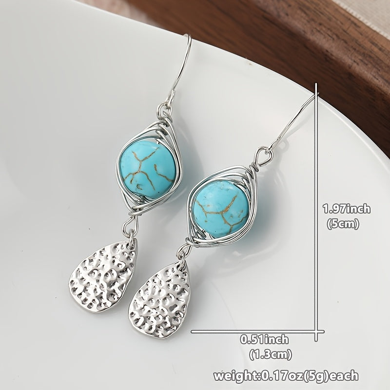 BOUCLES D'OREILLES ÉLÉGANT RÉTRO FIL ENROULÉ TURQUOISE MÉTAL PENDENTIF