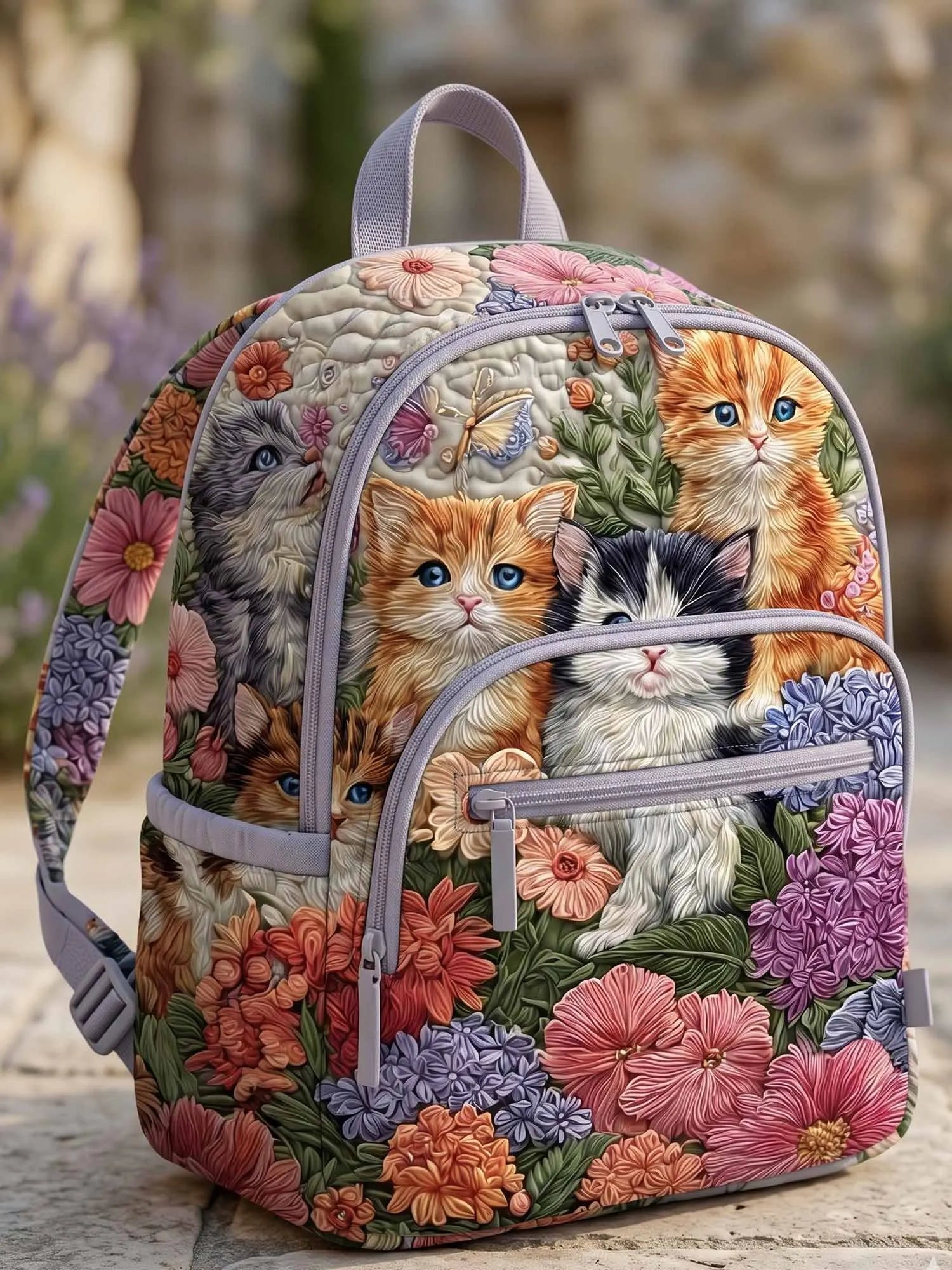 Floral Kitten Garden Quilted Backpack