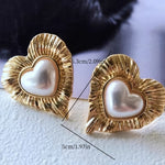 Vintage Gold Plated Faux Pearl Inlay Heart Shaped Stud Earrings