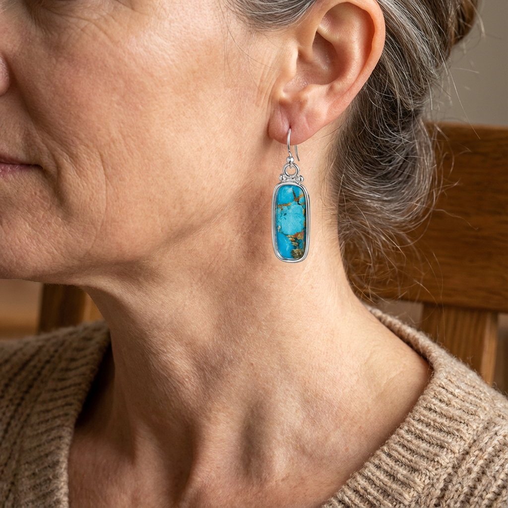 BOUCLES D'OREILLES TURQUOISE ARGENT PLAQUÉ RECTANGLE GOUTTE