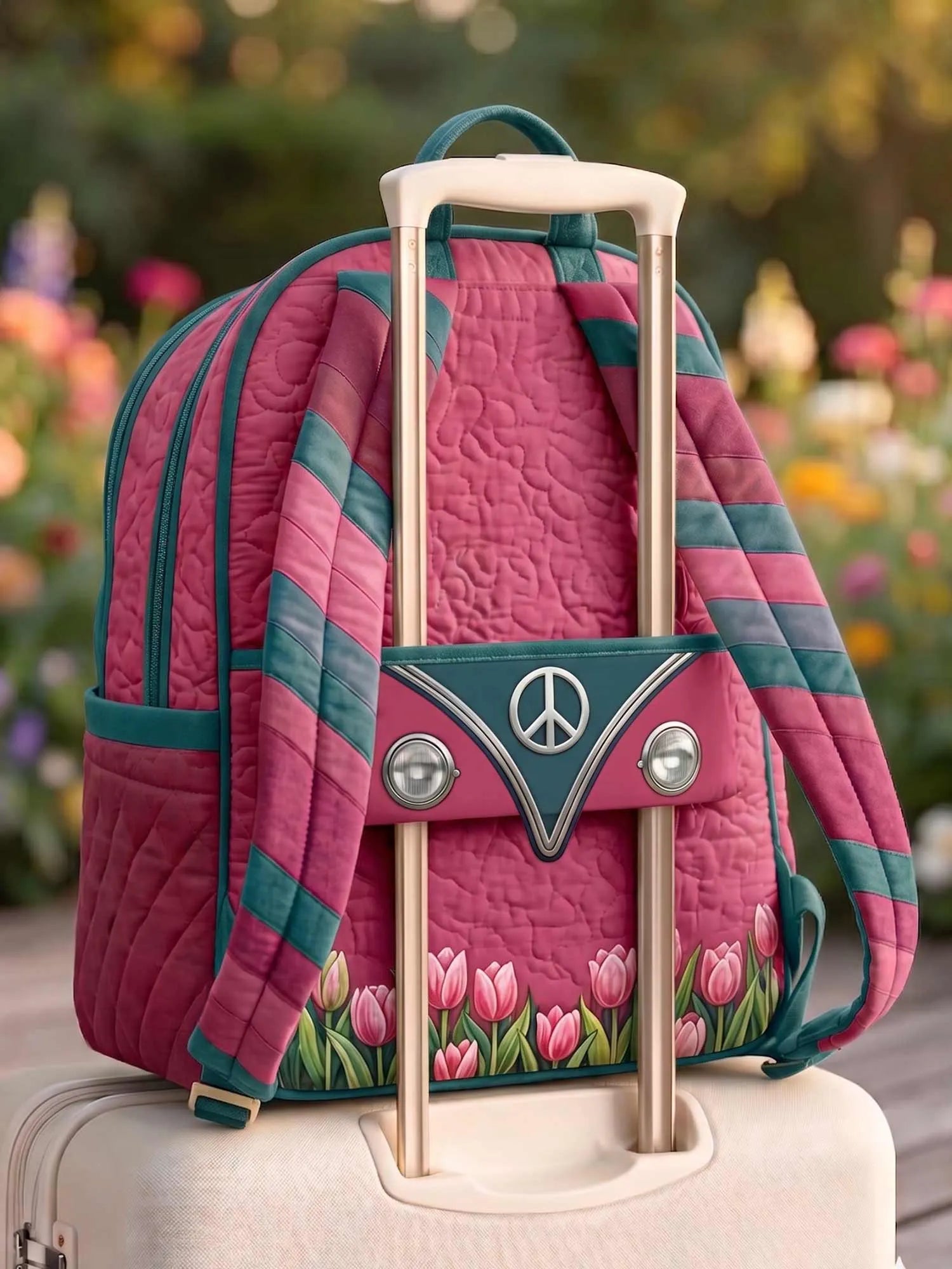 Peace Sign Hippie Van Tulip Quilted Backpack