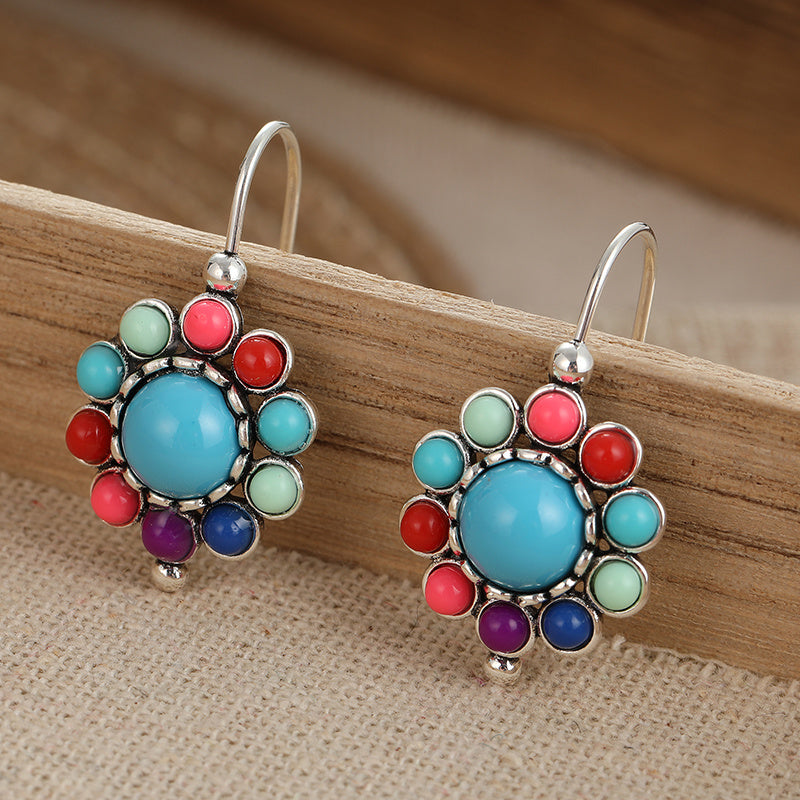 BOUCLES D'OREILLES COLORÉ TURQUOISEETCORAIL FLORAL PENDENTIF