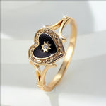 Bohemian Golden Sun Black Heart Design Paved Zirconia Ring