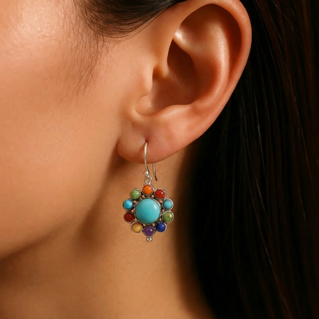 BOUCLES D'OREILLES MULTICOLORE TURQUOISE CRÉOLE
