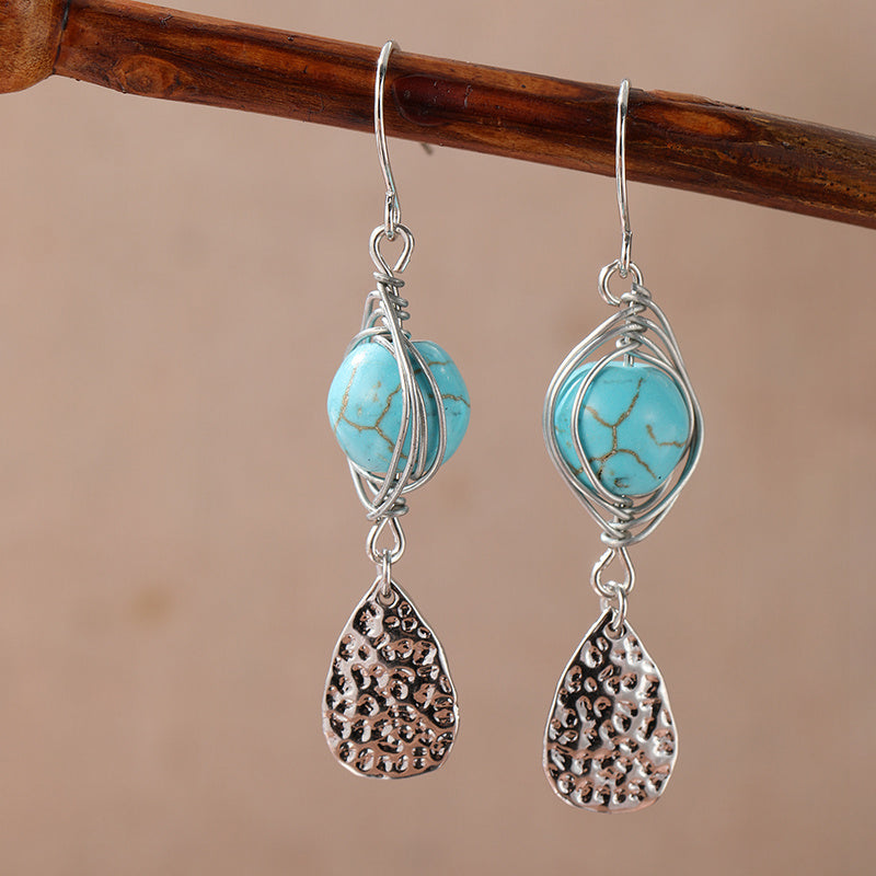 BOUCLES D'OREILLES ÉLÉGANT RÉTRO FIL ENROULÉ TURQUOISE MÉTAL PENDENTIF