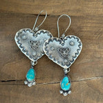 BOUCLES D'OREILLES ARTISANAL FAIT MAIN TURQUOISE ARGENTÉ CŒUR PENDENTIF FAIT MAIN