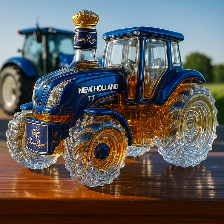 Classic Whiskey bottle in the shape of a New Holland T7 tractor