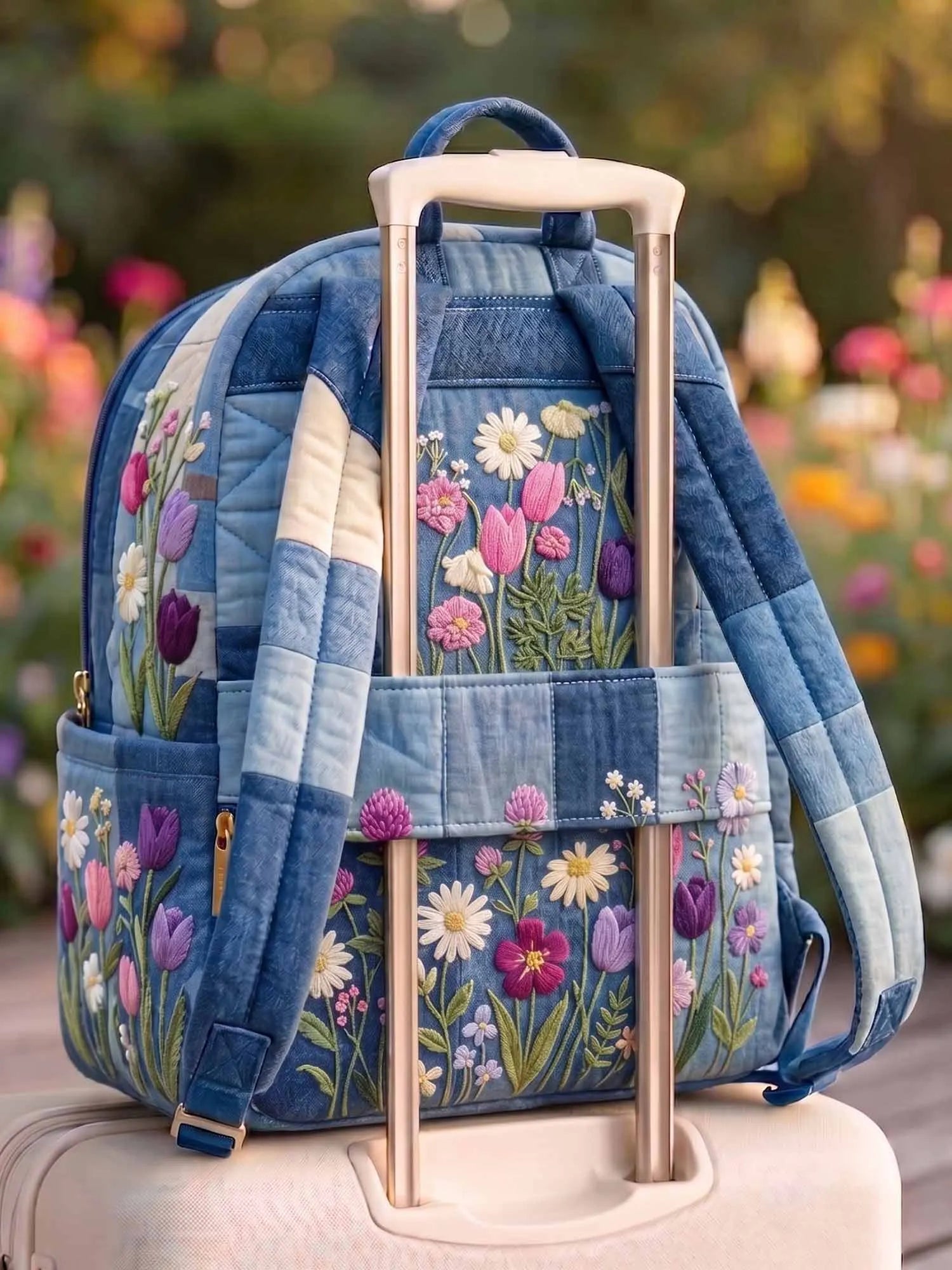 Denim Wildflower Quilted Backpack