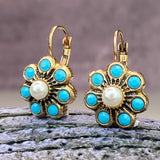 Vintage Style Turquoise And Pearls Flower Earrings