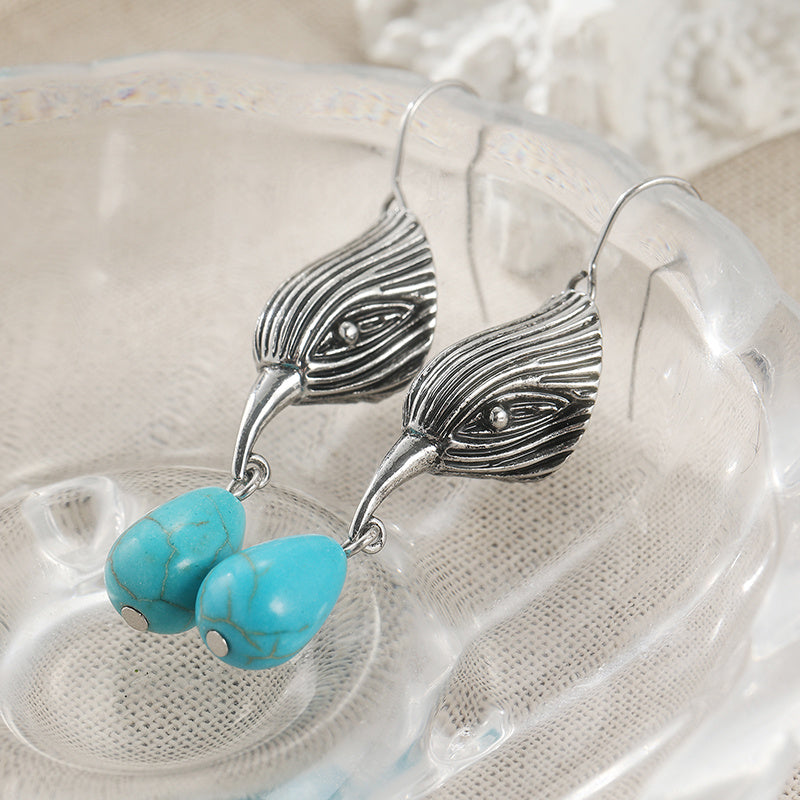 BOUCLES D'OREILLES VINTAGE ARGENT TON GÉOMÉTRIQUE IRRÉGULIER FORME TURQUOISE GOUTTE