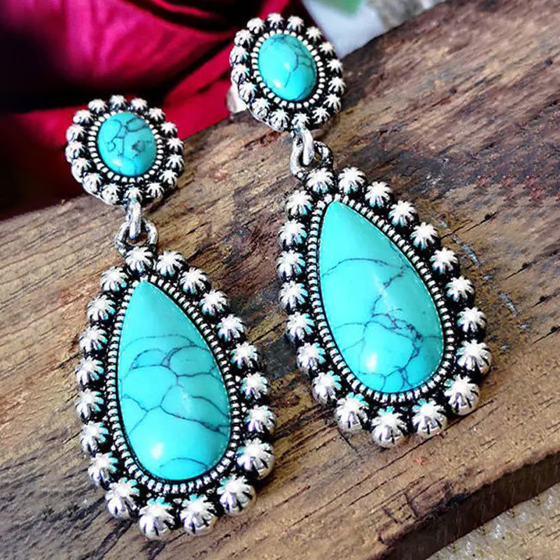 BOUCLES D'OREILLES VINTAGE GOUTTE TURQUOISE IMPOSANT GOUTTE