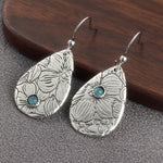 BOUCLES D'OREILLES RÉTRO SCULPTÉ FLEURS GOUTTE FORME TURQUOISE PIERRE PRÉCIEUSE CROCHET