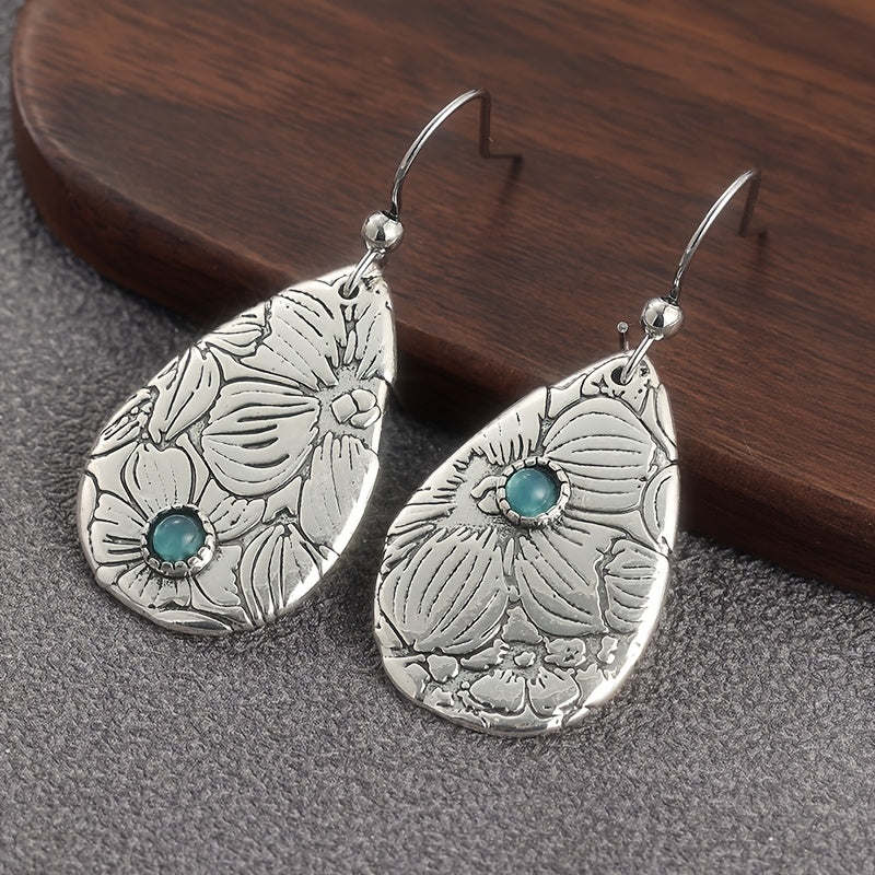 BOUCLES D'OREILLES RÉTRO SCULPTÉ FLEURS GOUTTE FORME TURQUOISE PIERRE PRÉCIEUSE CROCHET