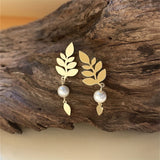 Vintage Elegant Gold Leaf & Pearl Drop Earrings