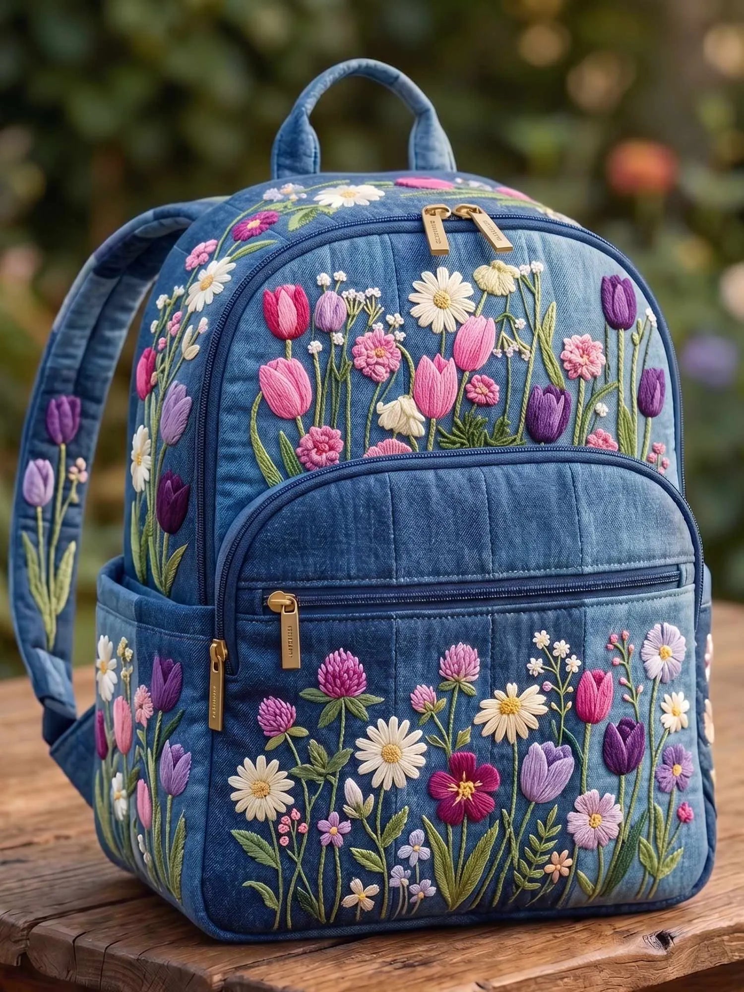 Denim Wildflower Quilted Backpack