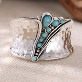 BAGUE NL/MODIEUZE BREDE GEZICHT INCRUSTÉ SYNTHÉTIQUE TURQUOISE BAGUE FEMMES AVEC VINTAGE EN MINIMALISTE DESIGN BOHÈME POLYVALENT