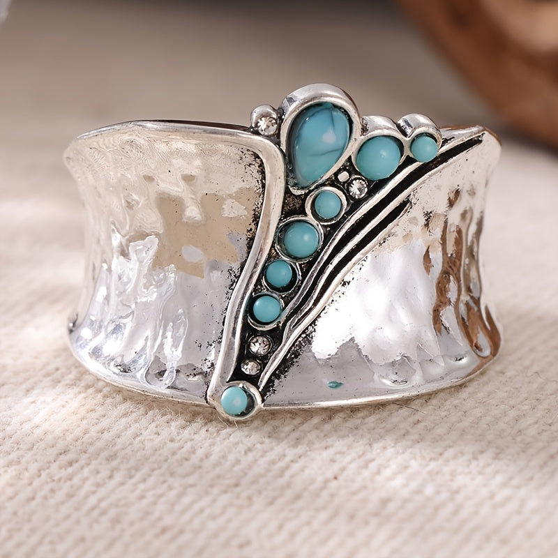 BAGUE NL/MODIEUZE BREDE GEZICHT INCRUSTÉ SYNTHÉTIQUE TURQUOISE BAGUE FEMMES AVEC VINTAGE EN MINIMALISTE DESIGN BOHÈME POLYVALENT