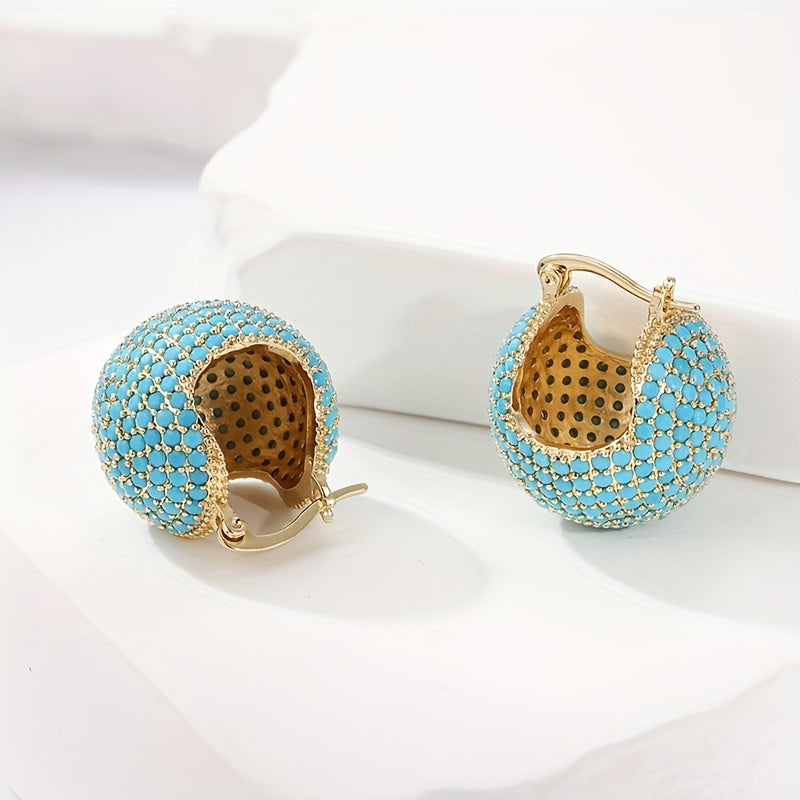 BOUCLES D'OREILLES CLASSIQUE RÉTRO OR TURQUOISE BOMBÉ CRÉOLE