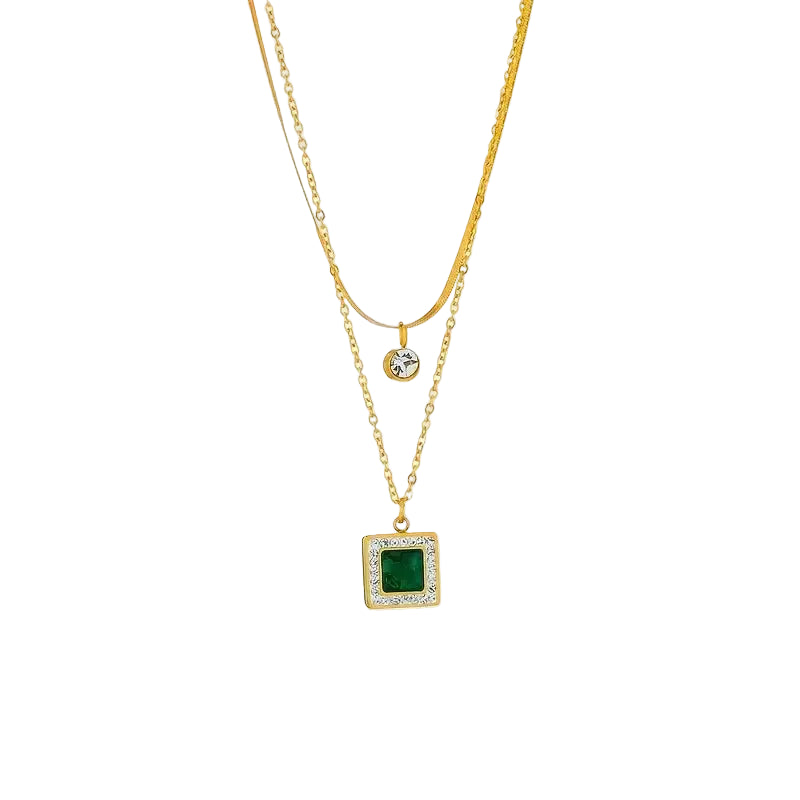COLLIER DOUBLE CHAÎNE PENDENTIF ÉMERAUDE CARRÉ PAVÉ | OR