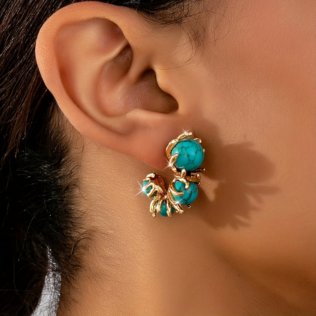 BOUCLES D'OREILLES CLASSIQUE OR TURQUOISE PLAQUÉ TRIPLE PIERRE PENDENTIF