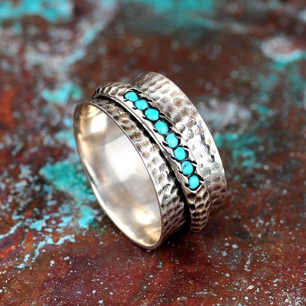 BAGUE ÉLÉGANT MARTELÉ ARGENT PLAQUÉ TURQUOISE ANTI-
