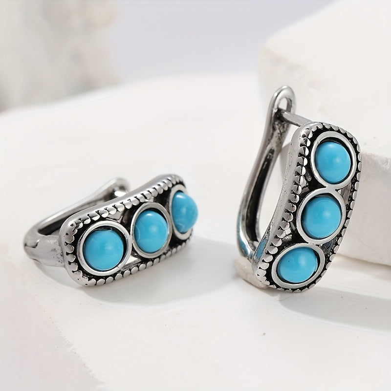 BOUCLES D'OREILLES VINTAGE ARGENT PLAQUÉ TURQUOISE ÉPAIS CRÉOLE