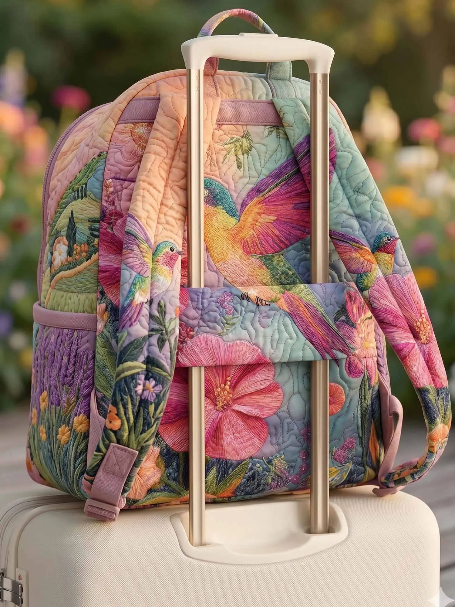 Pastel Floral Hummingbird Quilted Backpack