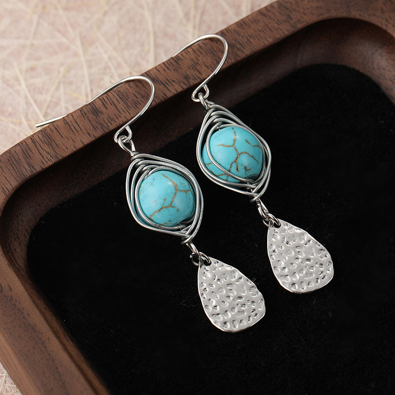 BOUCLES D'OREILLES ÉLÉGANT RÉTRO FIL ENROULÉ TURQUOISE MÉTAL PENDENTIF