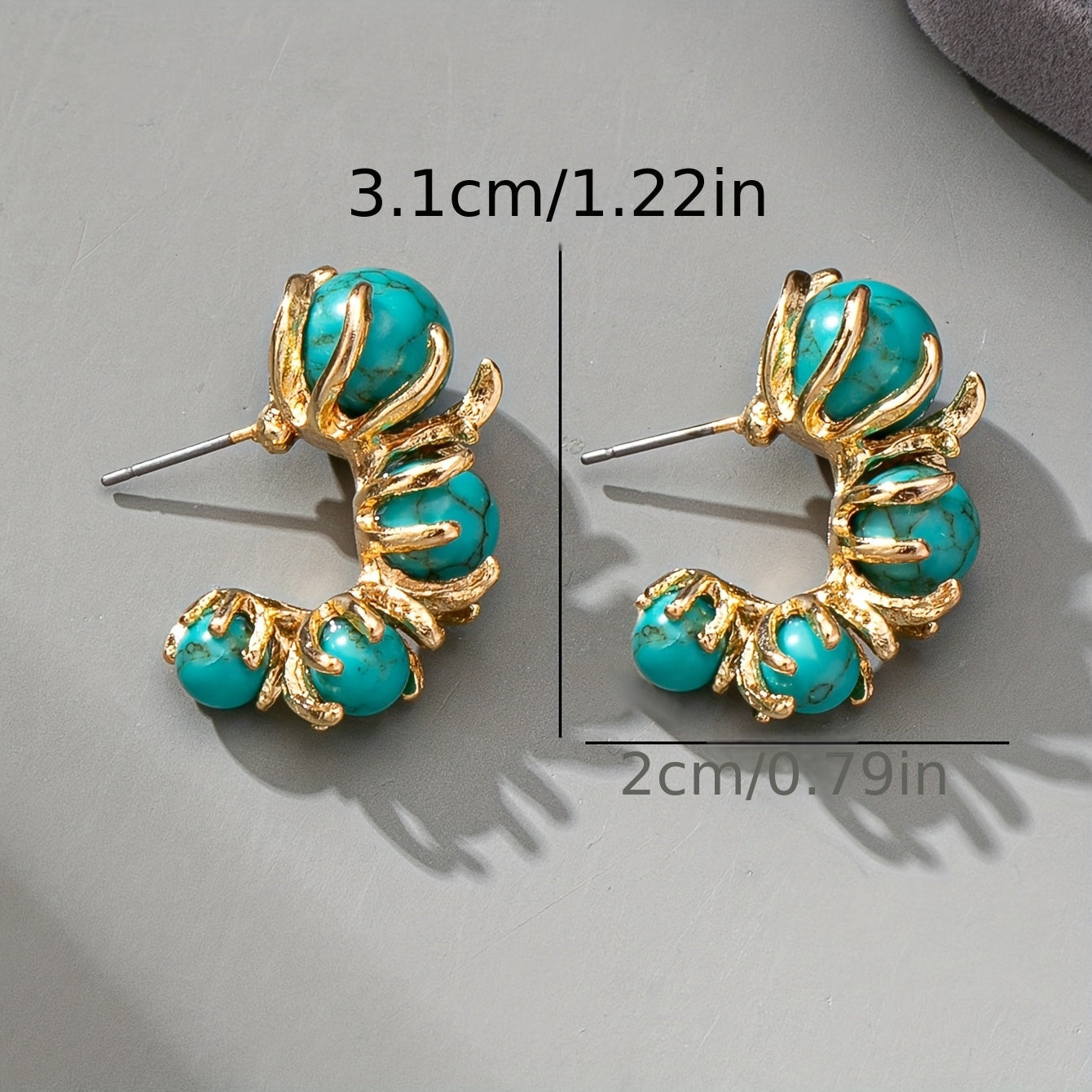 BOUCLES D'OREILLES CLASSIQUE OR TURQUOISE PLAQUÉ TRIPLE PIERRE PENDENTIF