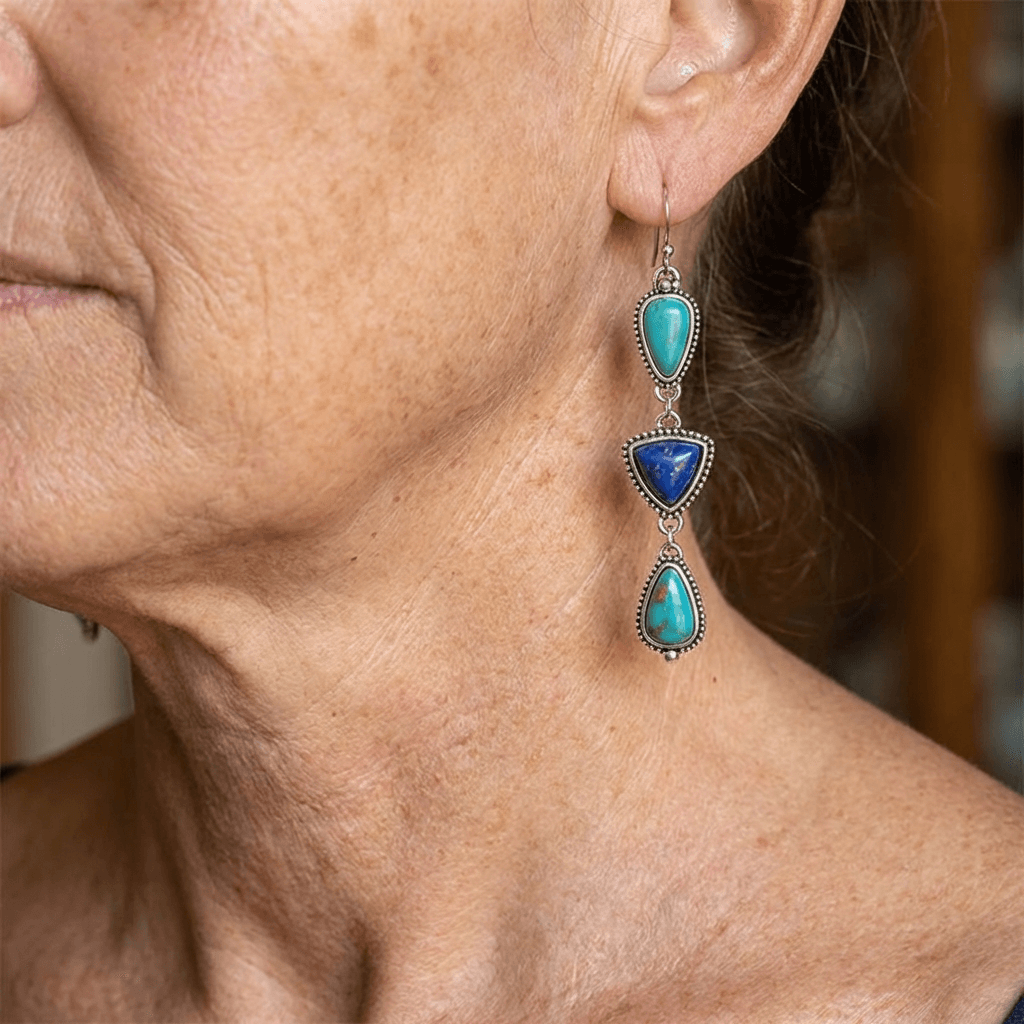 BOUCLES D'OREILLES FAIT MAIN SYNTHÉTIQUE LAPIS-LAZULI TURQUOISE PENDENTIF