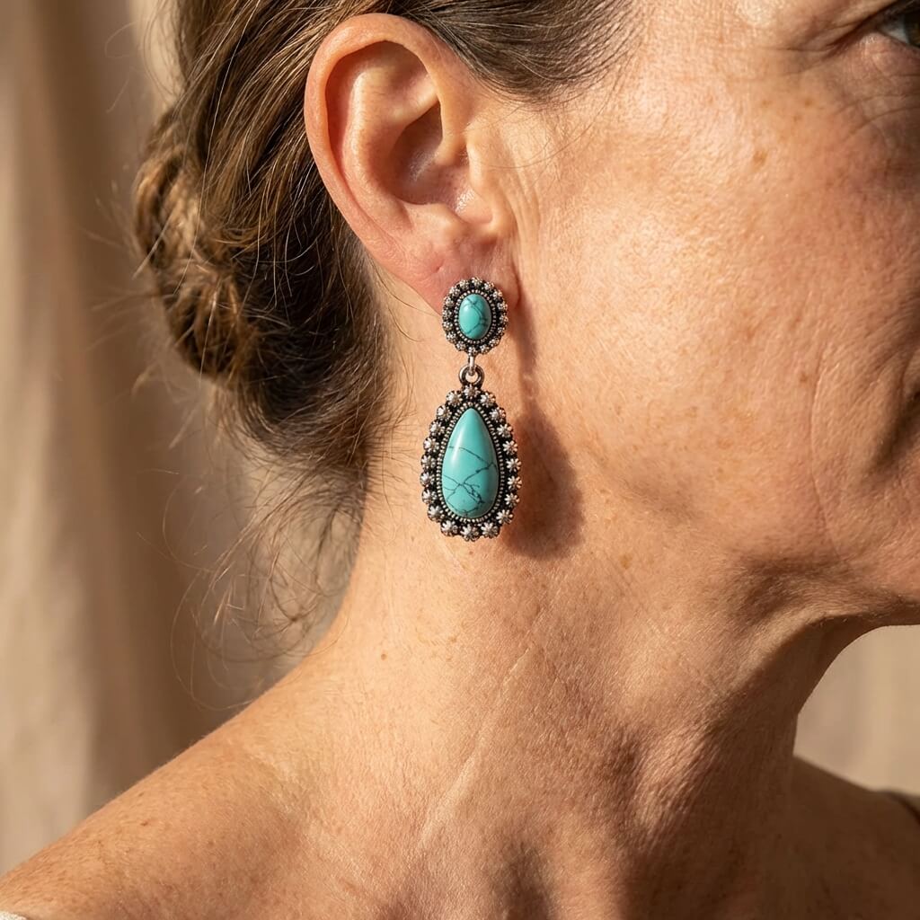 BOUCLES D'OREILLES ÉLÉGANT VINTAGE ARGENT TON TURQUOISE PENDENTIF