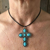 Bohemian Retro Silver Tone Turquoise Cross Pendant Necklace