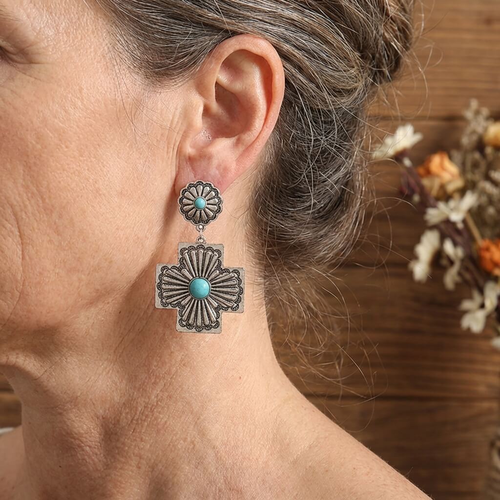 BOUCLES D'OREILLES RÉTRO FLORAL DESIGN TURQUOISE CROIX SCULPTÉ MÉTAL