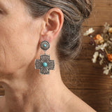 BOUCLES D'OREILLES RÉTRO FLORAL DESIGN TURQUOISE CROIX SCULPTÉ MÉTAL