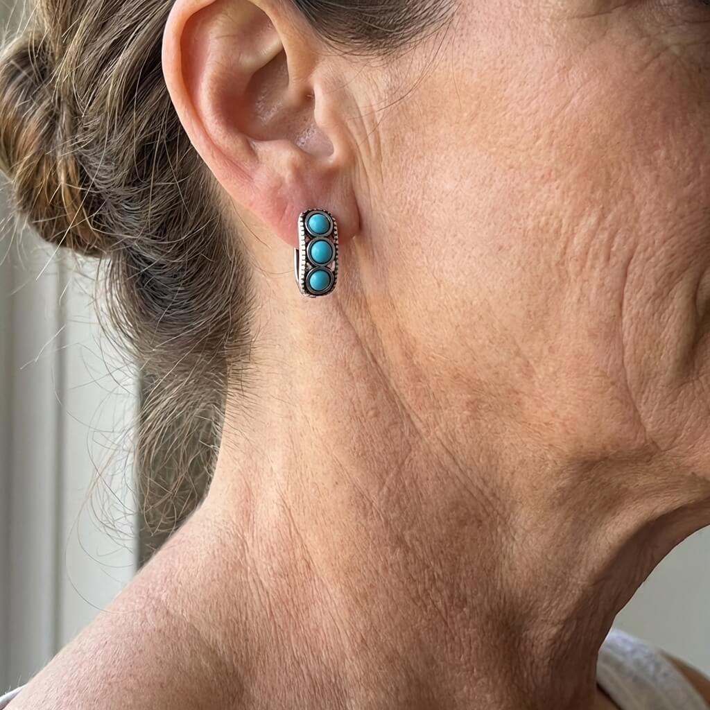 BOUCLES D'OREILLES VINTAGE ARGENT PLAQUÉ TURQUOISE ÉPAIS CRÉOLE