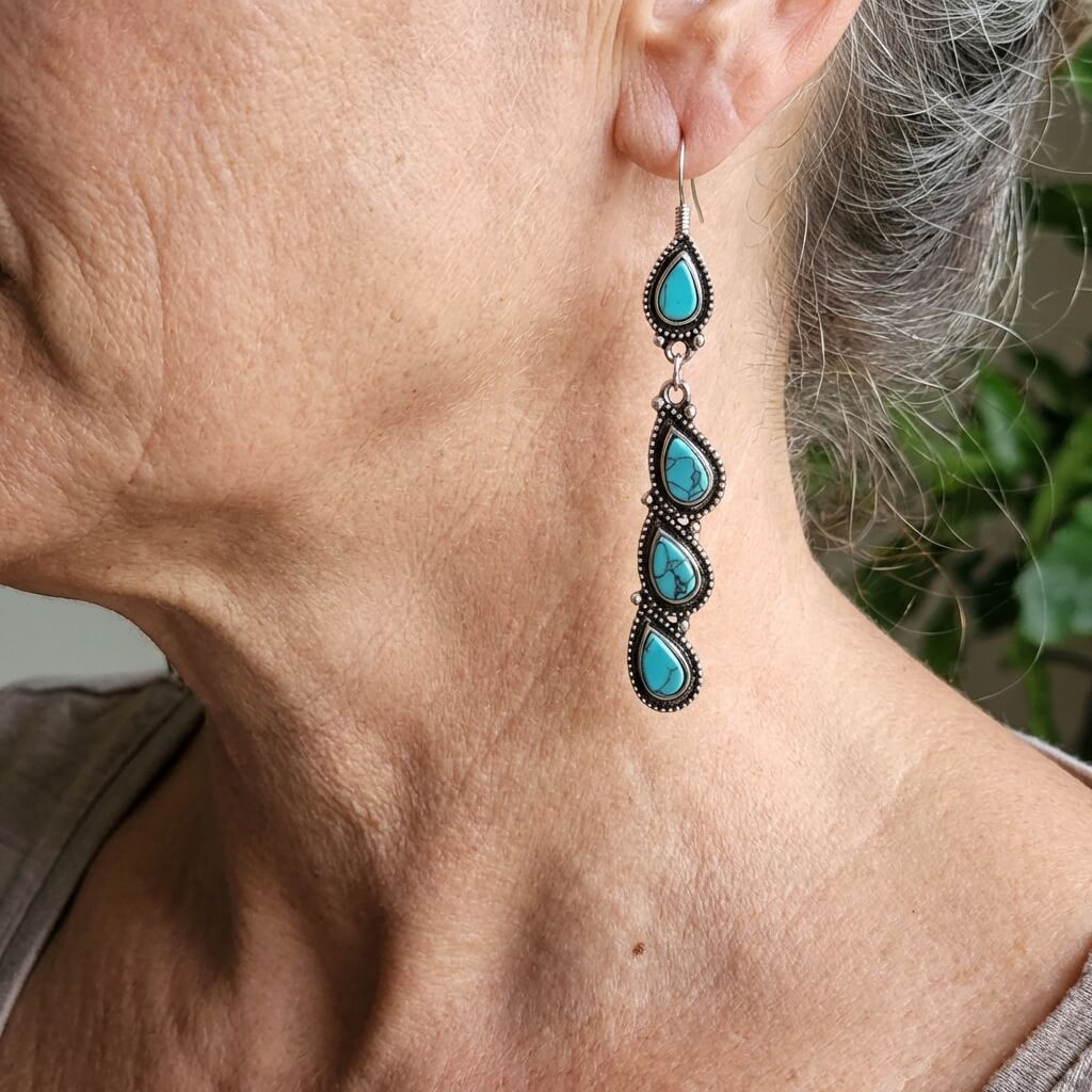 BOUCLES D'OREILLES VINTAGE TURQUOISE FEUILLE GOUTTE