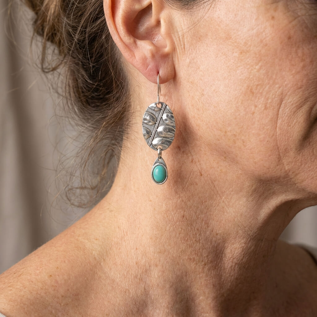 BOUCLES D'OREILLES VINTAGE BOTANIQUE TURQUOISE OVALE FEUILLE GOUTTE