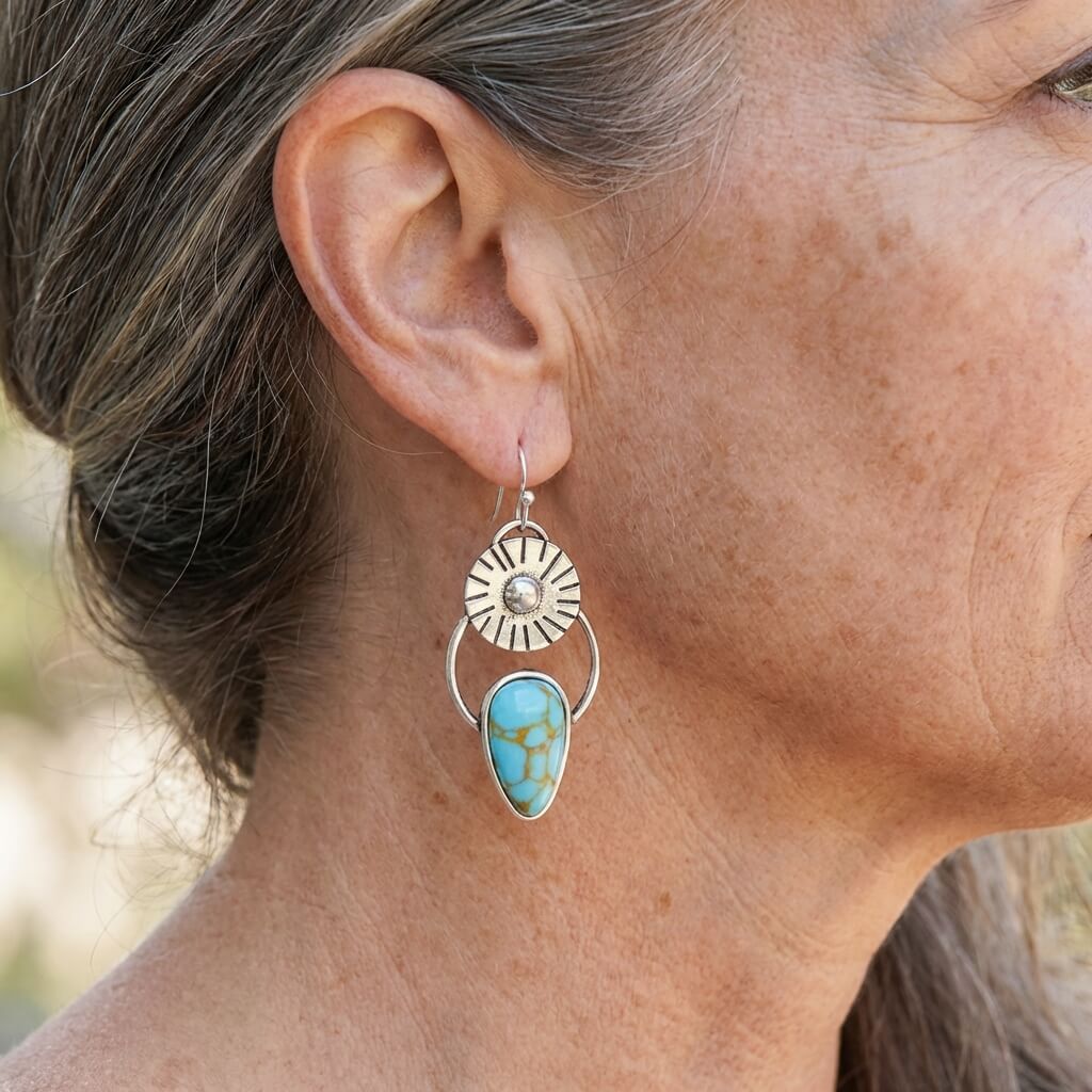 BOUCLES D'OREILLES VINTAGE FAIT MAIN SOLEIL RAYONNANT TURQUOISE GOUTTE