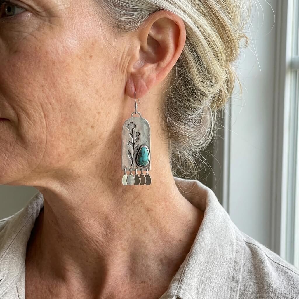 BOUCLES D'OREILLES VINTAGE ARGENT DESIGN TURQUOISE FLORAL FRANGE