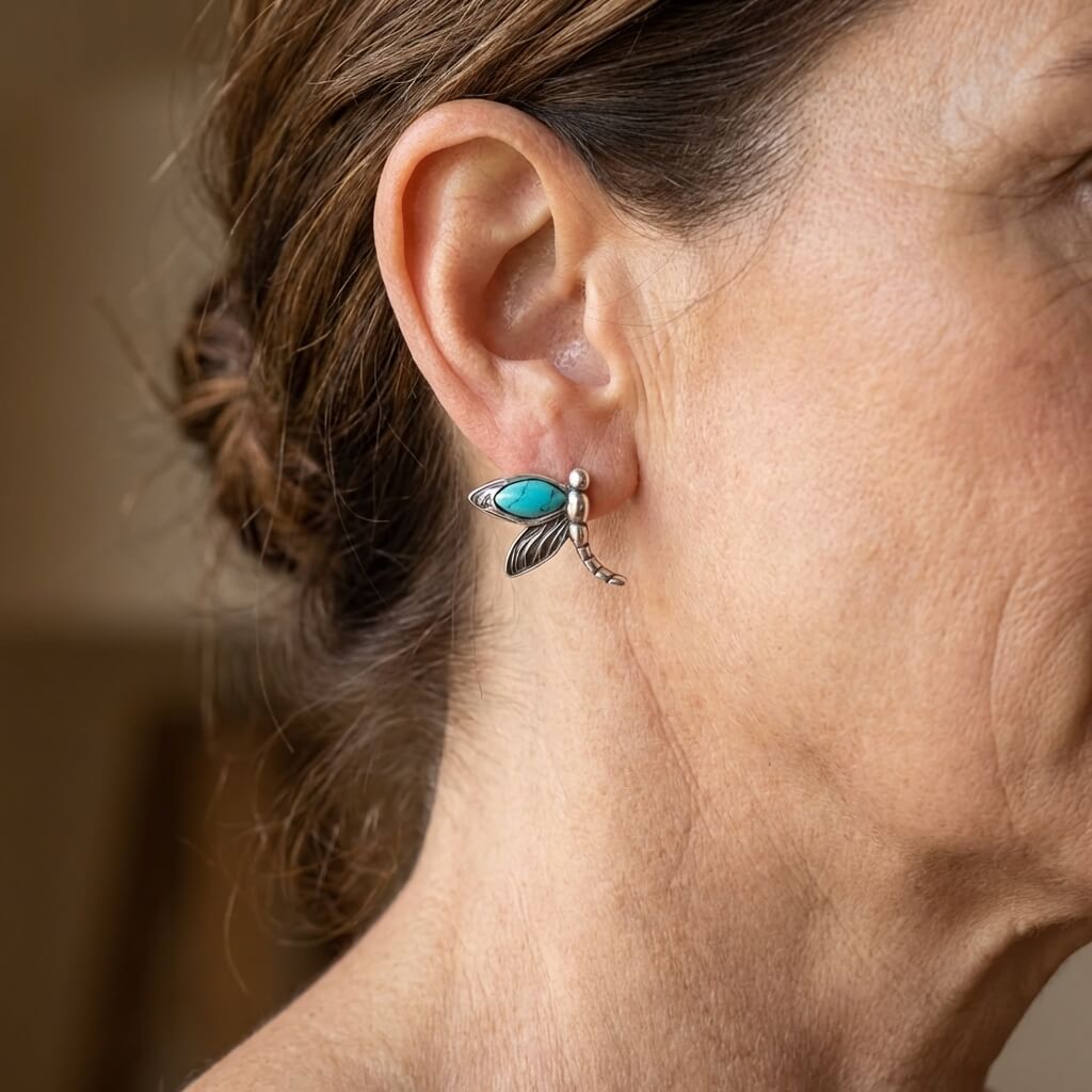 BOUCLES D'OREILLES VINTAGE LIBELLULE TURQUOISE CLOU D'OREILLE