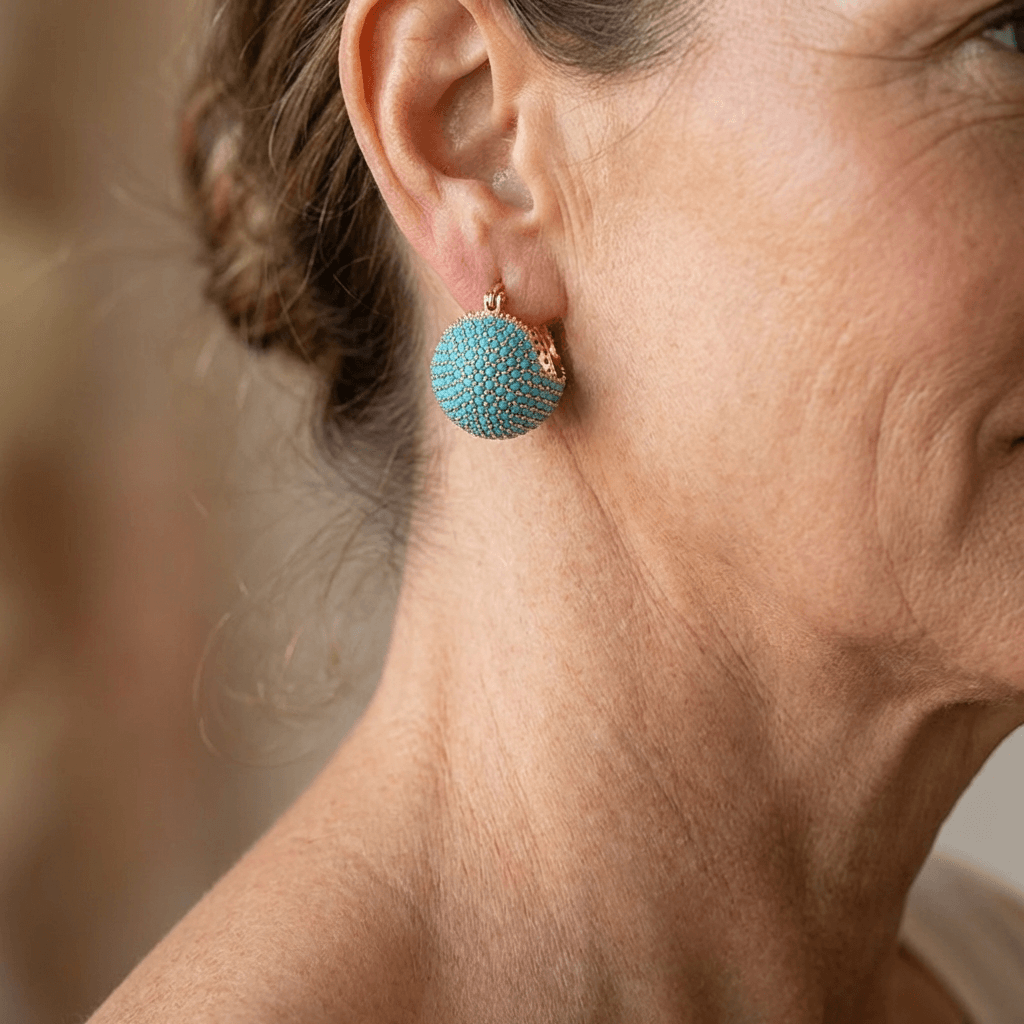 BOUCLES D'OREILLES CLASSIQUE RÉTRO OR TURQUOISE BOMBÉ CRÉOLE