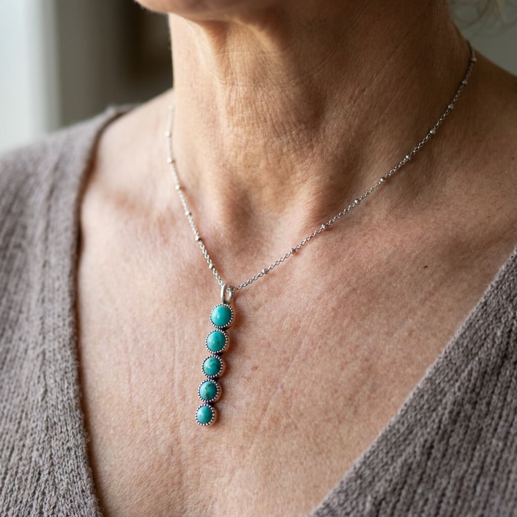 COLLIER VINTAGE ETHNIQUE TURQUOISE GÉOMÉTRIQUE MOTIF PENDENTIF