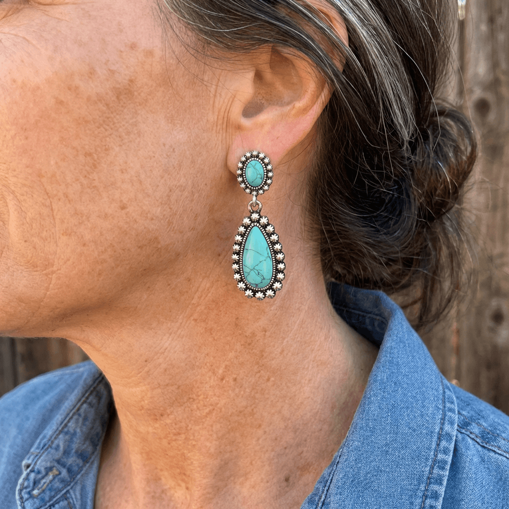 BOUCLES D'OREILLES VINTAGE GOUTTE TURQUOISE IMPOSANT GOUTTE